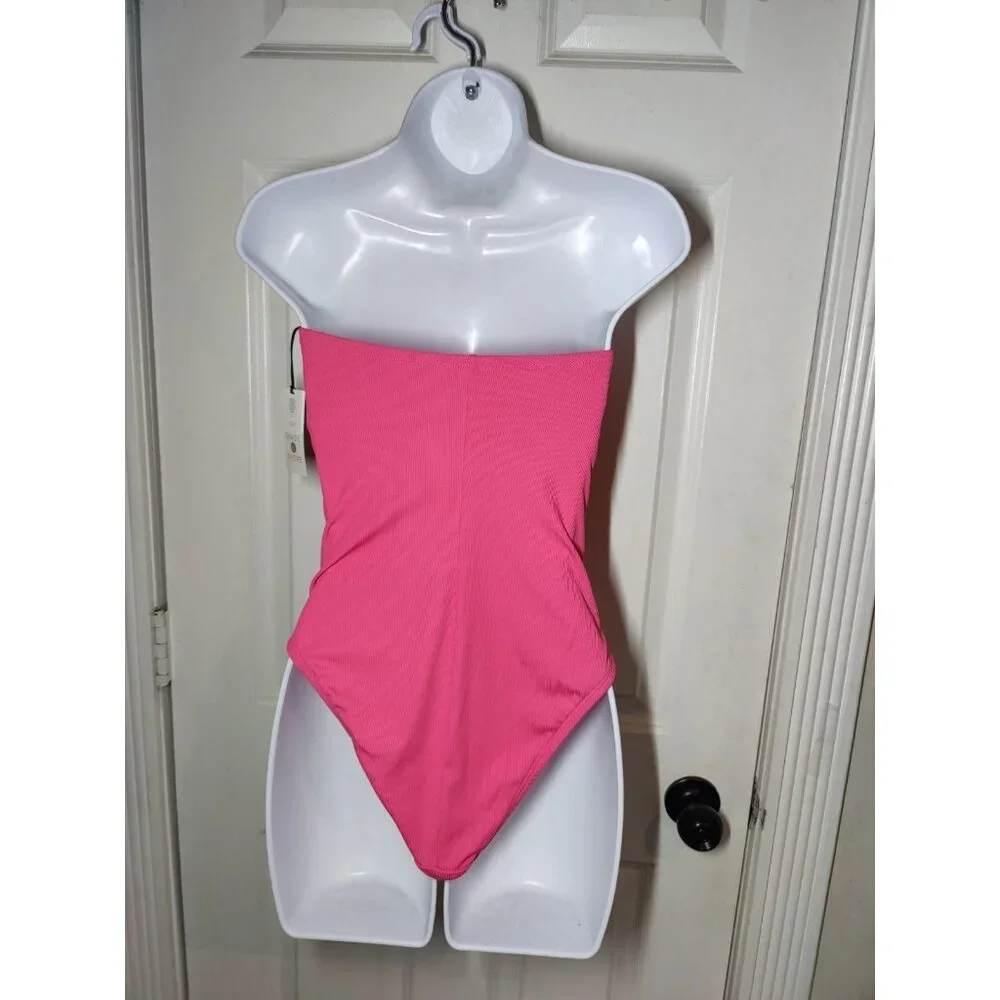 Shade‎ & Shore Pink Ruched Ribbed Convertible One-Piece Swimsuit M 8-10 NWT